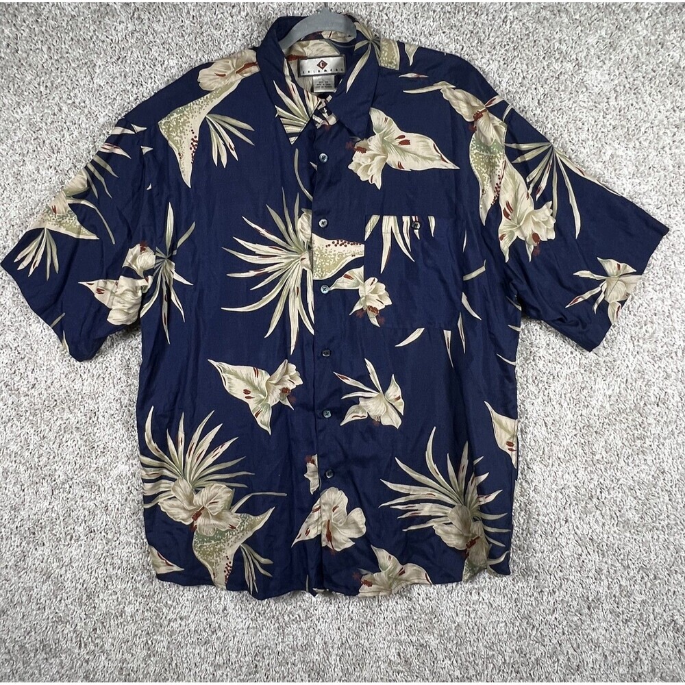 Chiamare Silk Shirt Men Blue Floral Hawaiian Short Sleeve Button Up Size L